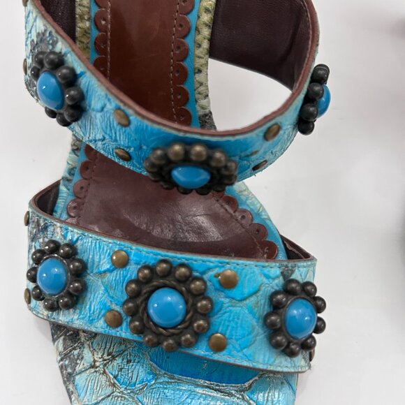 J Vincent Turquoise Blue Grommets Leather Strap Heeled Sandal Pump 6M Italy - Picture 3 of 7